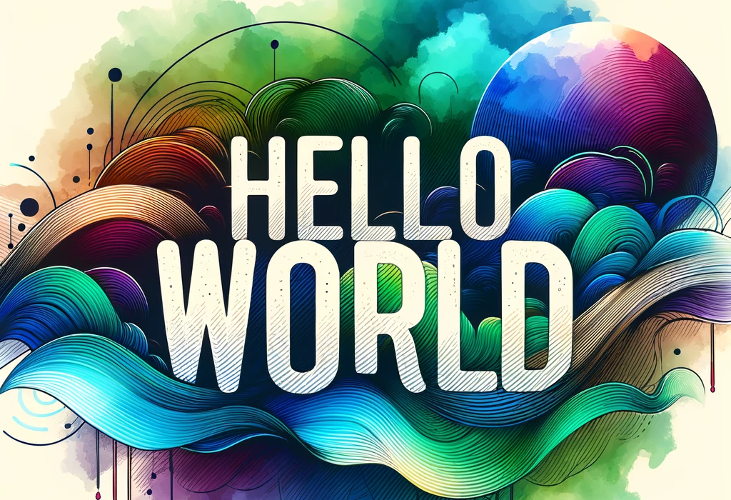 A vibrant and artistic graphic for a blog entry featuring the text 'Hello World' in bold, stylish font. The background is a colorful abstract design,